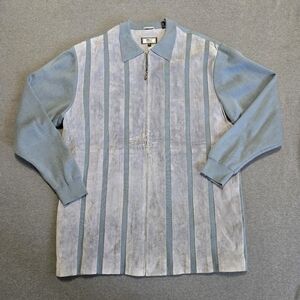 Mens Vintage Wool And Suede Leather Zip Front Sweater XXL M2 By Morvati Blue